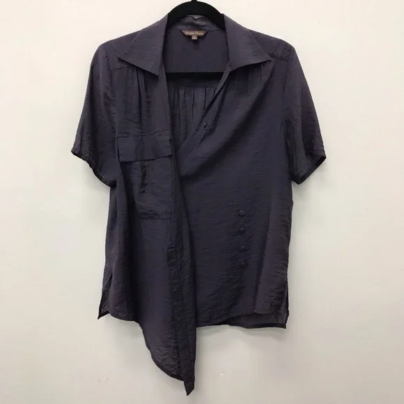 Asymmetrical Dark Purple Short Sleeve Blouse - Picture 2 of 11